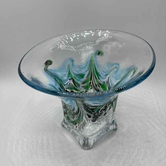 Studio Art Glass Vase Bowl Blue Green signed MK on bottom